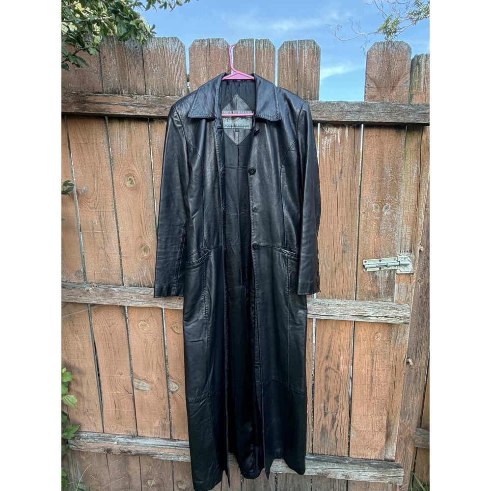 Michael Hoban North Beach Leather Trench Coat Black Vintage Duster Jacket Size 4